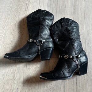 Western Boho Slouchy Soft Leather Boots with Silver Accents and Harness Chain
